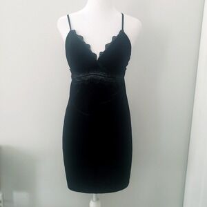 Oak & Meadow Womens Black Velvet Mini Dress LARGE Lace Y2K‎ Whimsigoth Babydoll